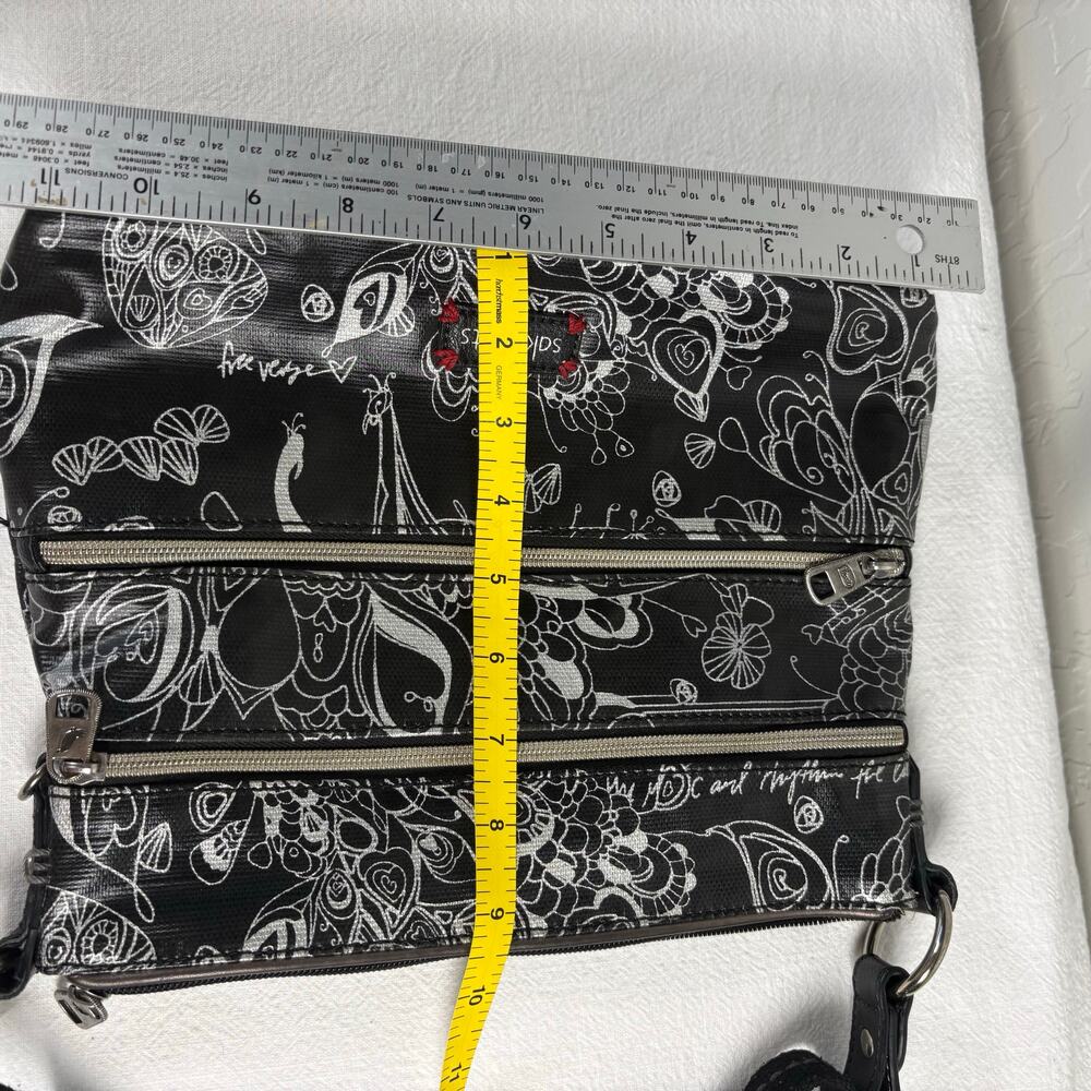 Sakroots Black Silver Peace Crossbody Organizer Bag Triple Zip Adjustable Strap - Picture 12 of 14